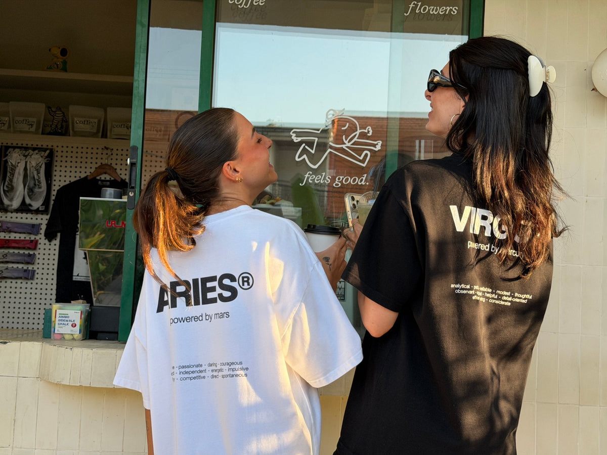 aries and virgo t-shirts, two friends at a coffee window